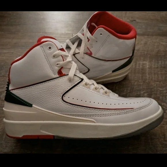 Jordan White and Red Sneakers with Green Accents - Picture 1 of 5